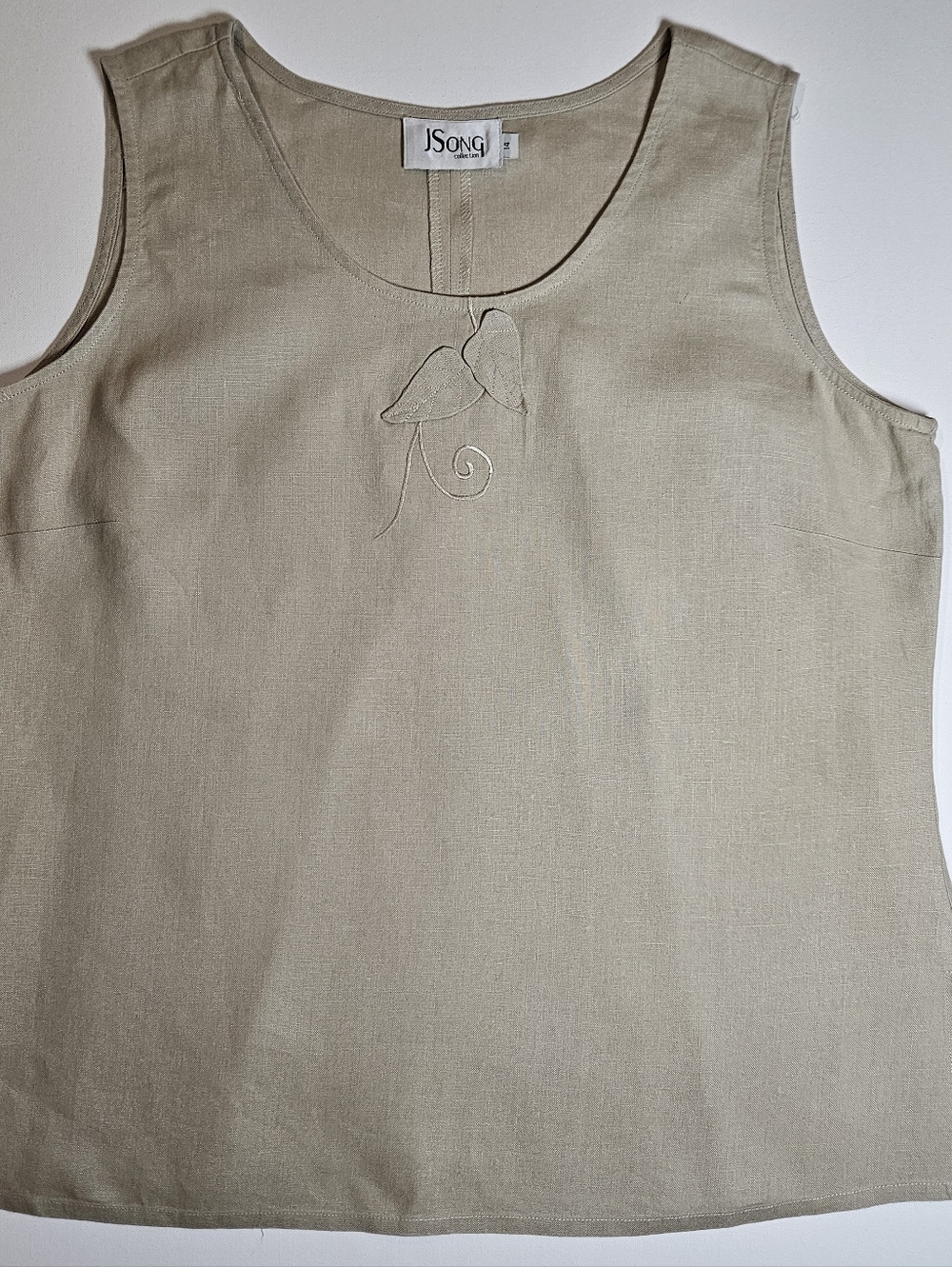 JSong Way Sleeveless Linen Top Womens 14 Beige Minimalist Embroidered Flower